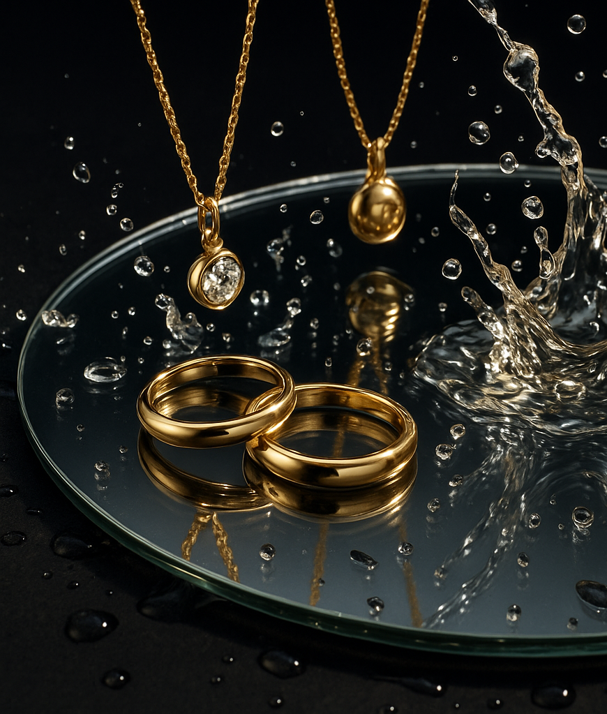 Gold Jewelry on a round mirror with water splashing