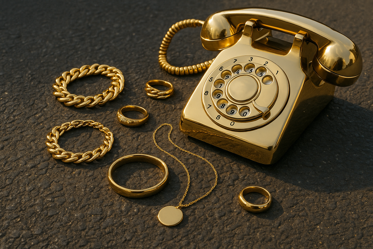 Gold jewelry next to Gold old school Landline phone On the road